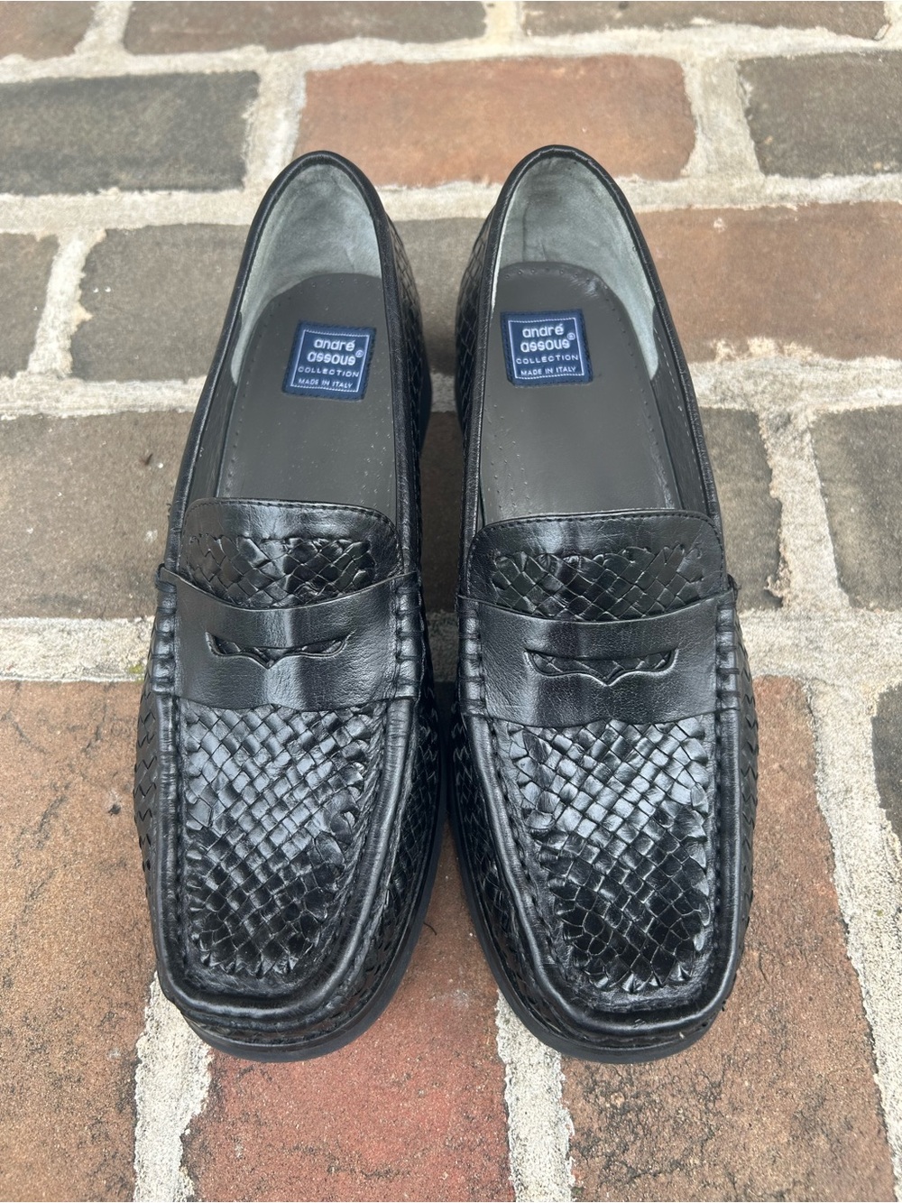 Vintage Andre Assous black leather woven square toe penny loafers academia 8.5 9
